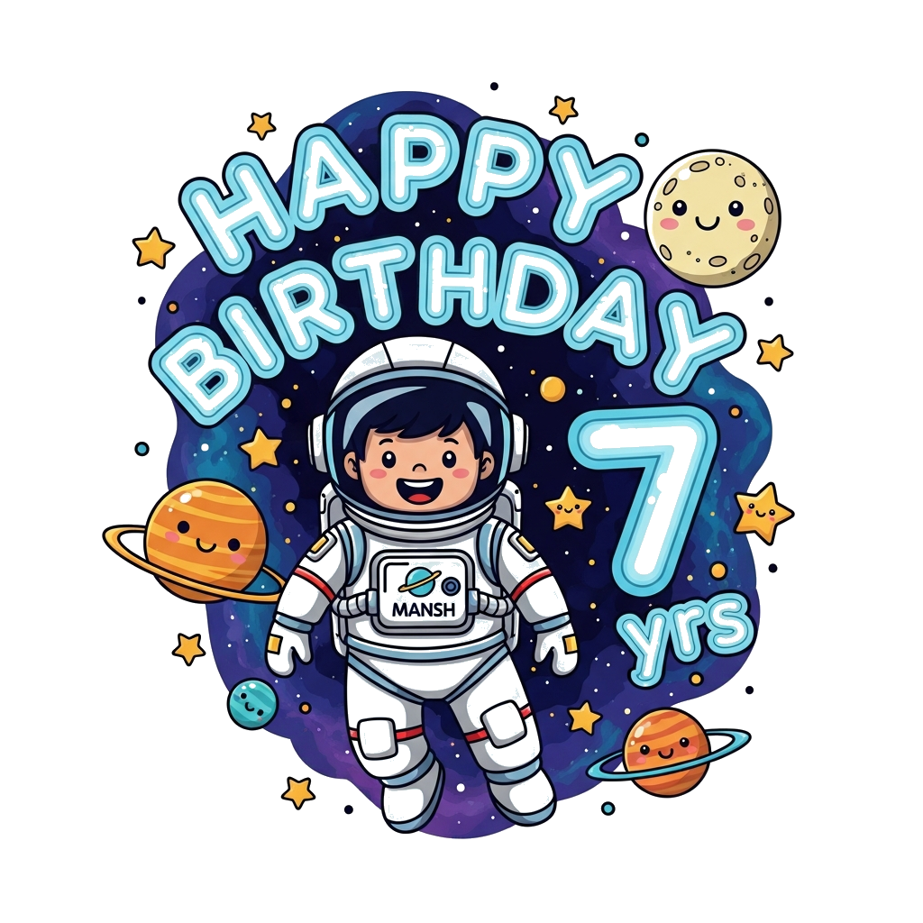 Custom design: A whimsical cartoon illustration of a happy child astronaut floating in space, wearing a futuristic suit with 'Mansh'...
