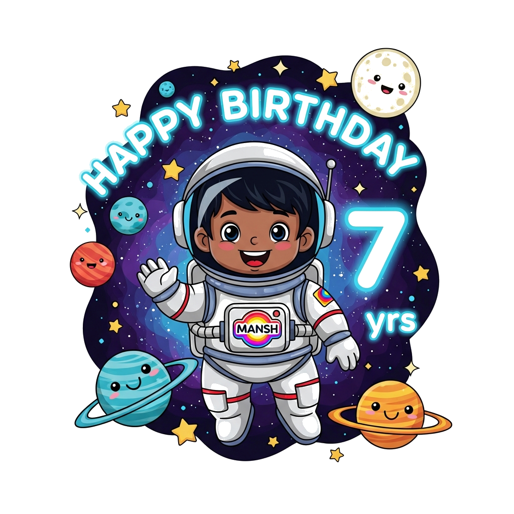 Custom design: A whimsical cartoon illustration of a happy Indian child astronaut, with darker skin and black hair, floating in spac...