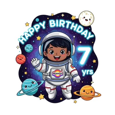 Design: A whimsical cartoon illustration of a happy Indian child astronaut, with dark...