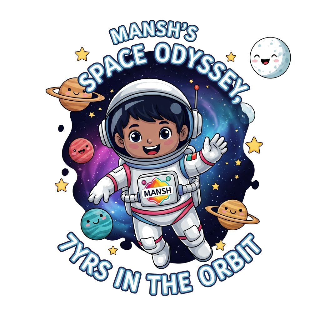 Custom design: A whimsical cartoon illustration of a happy Indian child astronaut, with darker skin and black hair, floating in spac...