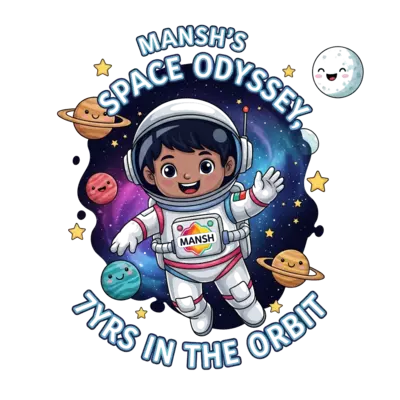Design: A whimsical cartoon illustration of a happy Indian child astronaut, with dark...