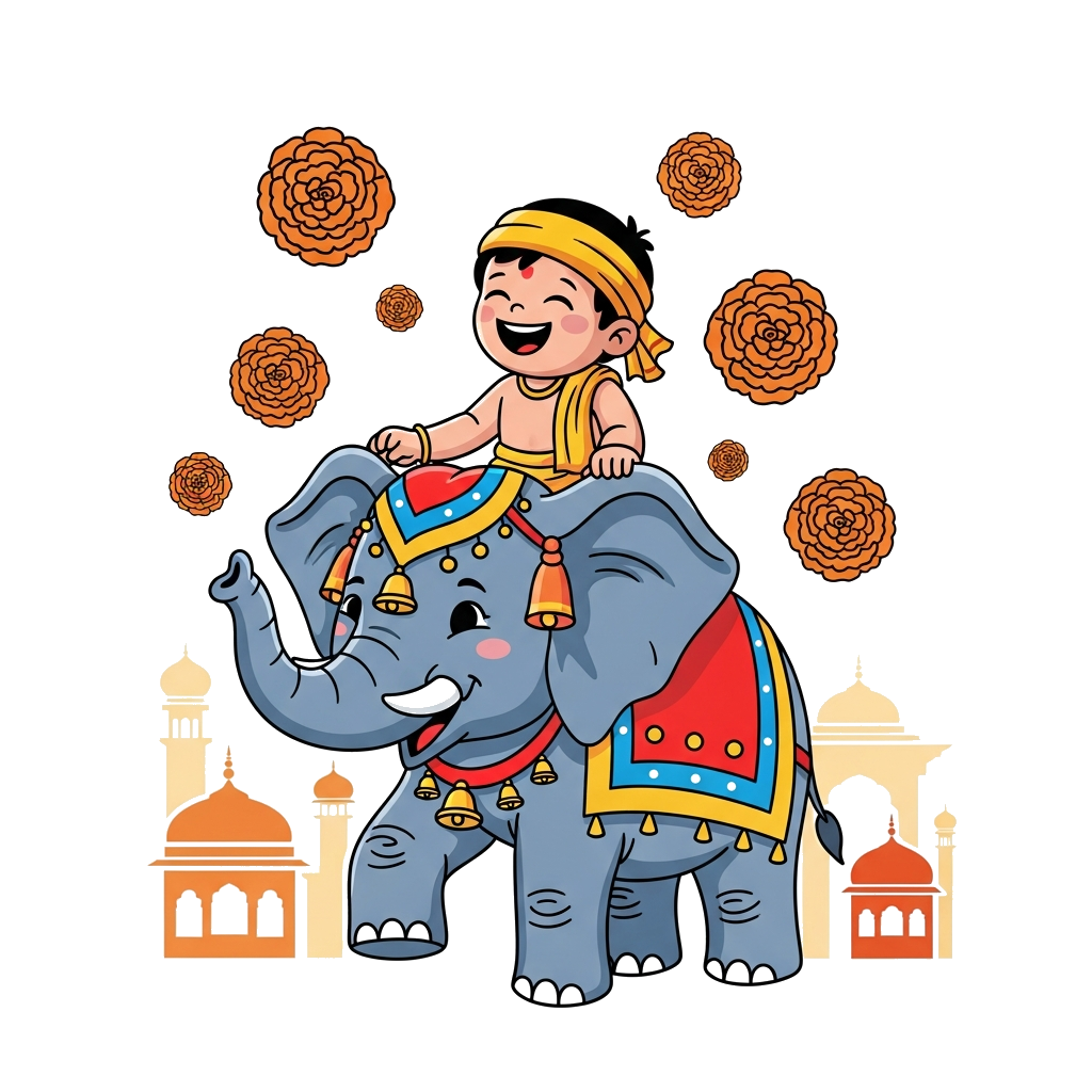 Custom design: A charming cartoon illustration of a happy child riding on the back of a beautifully adorned, friendly baby elephant,...