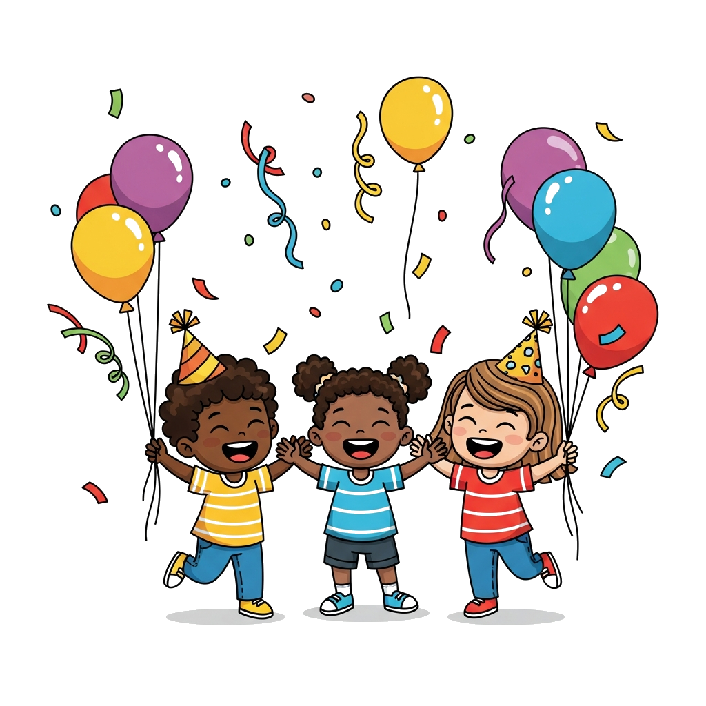 Custom design: A joyful scene with colorful balloons, floating confetti, and whimsical party streamers, featuring three happy cartoo...