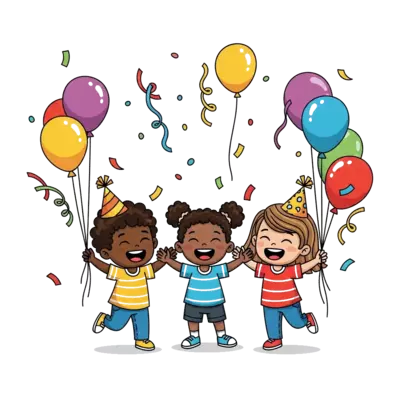 Design: A joyful scene with colorful balloons, floating confetti, and whimsical party...