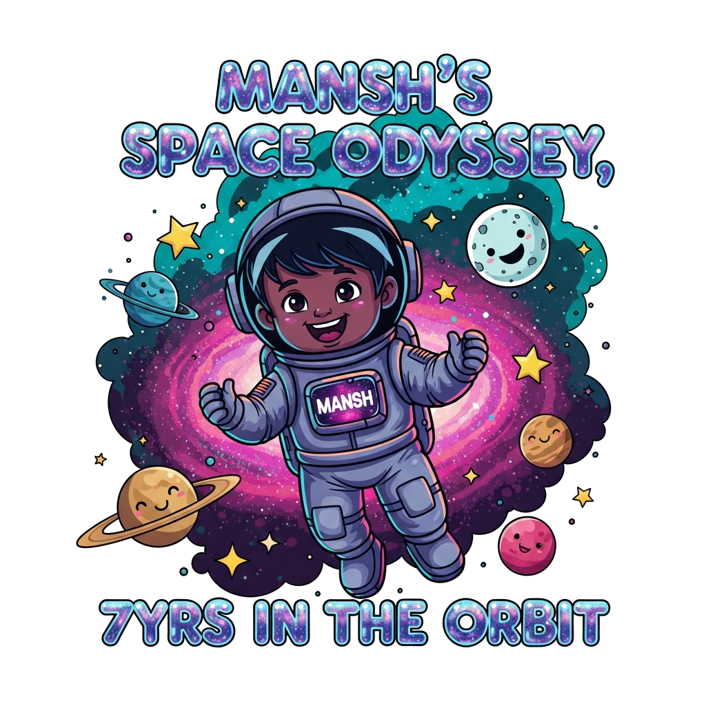 Custom design: A whimsical cartoon illustration of a happy Indian child astronaut, with darker skin and black hair, floating in spac...