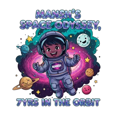 Design: A whimsical cartoon illustration of a happy Indian child astronaut, with dark...