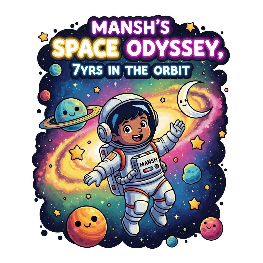 Custom design: A joyful cartoon illustration of an Indian child astronaut, darker skin and black hair, gracefully floating in a supe...