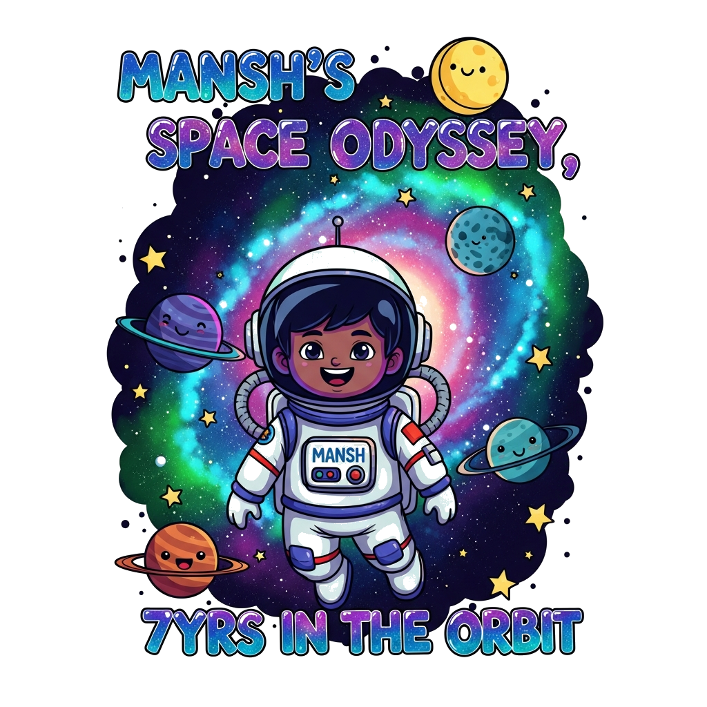 Custom design: A cheerful cartoon illustration of an Indian child astronaut, darker skin and black hair, suspended in a spectacularl...