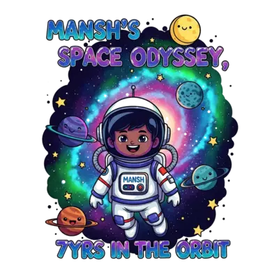 Design: A cheerful cartoon illustration of an Indian child astronaut, darker skin and...