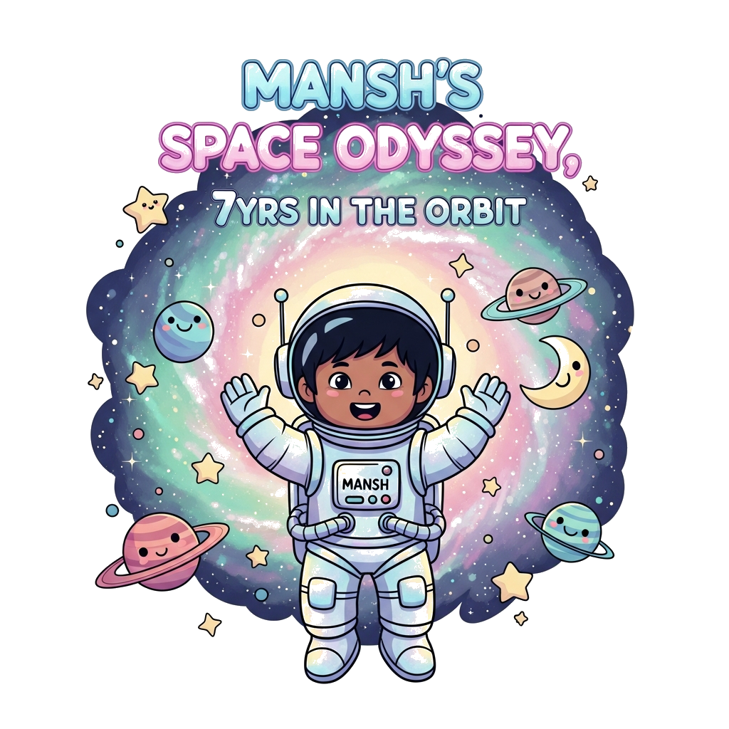Custom design: A cheerful cartoon illustration of an Indian child astronaut, darker skin and black hair, suspended in a soft, pastel...