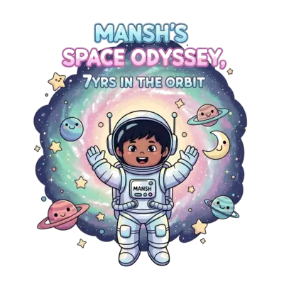Design: A cheerful cartoon illustration of an Indian child astronaut, darker skin and...