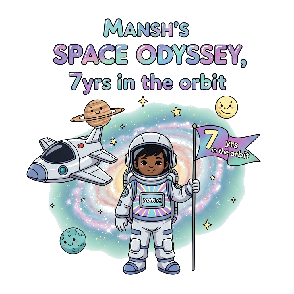 Custom design: A detailed, cheerful illustration of an Indian child astronaut, darker skin and black hair, in a semi-realistic futur...