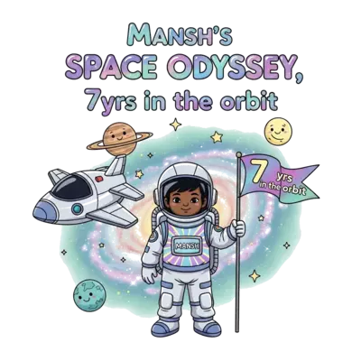 Design: A detailed, cheerful illustration of an Indian child astronaut, darker skin a...