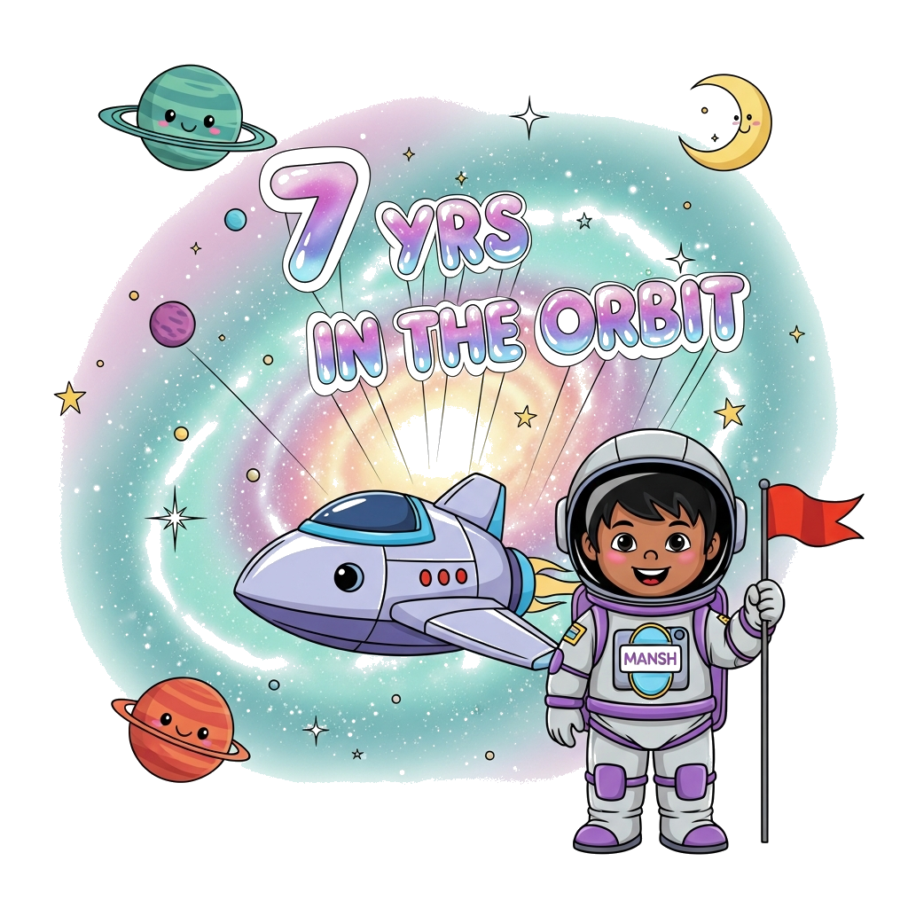 Custom design: A cheerful illustration of an Indian child astronaut, darker skin and black hair, in a semi-realistic futuristic suit...