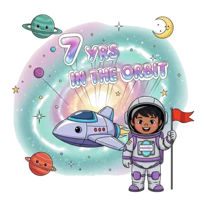 Design: A cheerful illustration of an Indian child astronaut, darker skin and black h...