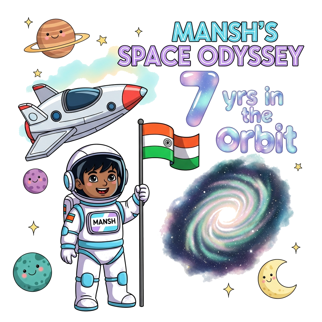 Custom design: A cheerful illustration of an Indian child astronaut, darker skin and black hair, in a semi-realistic futuristic suit...