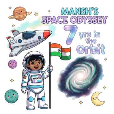 Design: A cheerful illustration of an Indian child astronaut, darker skin and black h...
