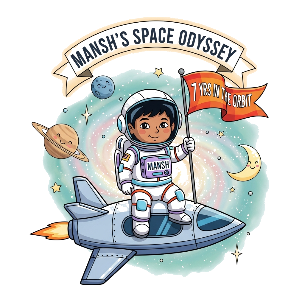Custom design: A vibrant illustration of an Indian child astronaut, darker skin and black hair, in a semi-realistic futuristic suit ...
