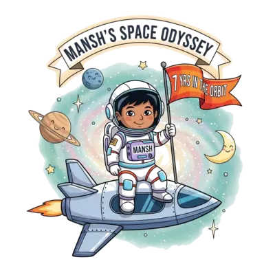 Design: A vibrant illustration of an Indian child astronaut, darker skin and black ha...