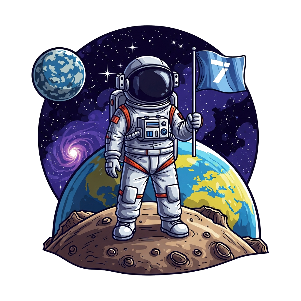 Custom design: A highly detailed, realistic illustration of a young astronaut, wearing a reflective helmet, standing proudly on the ...