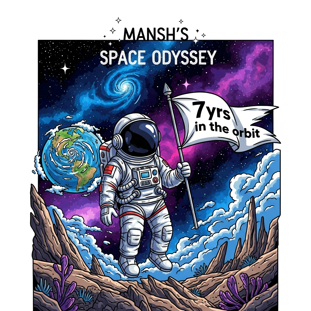 Custom design: A dynamic, highly detailed illustration of a young astronaut, wearing a reflective helmet, in a slightly floating pos...