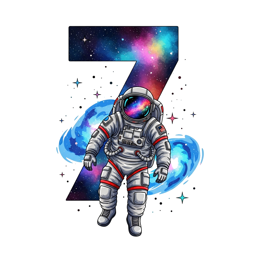 Custom design: A realistic and adventurous illustration of an astronaut in a detailed spacesuit floating in deep space, surrounded b...