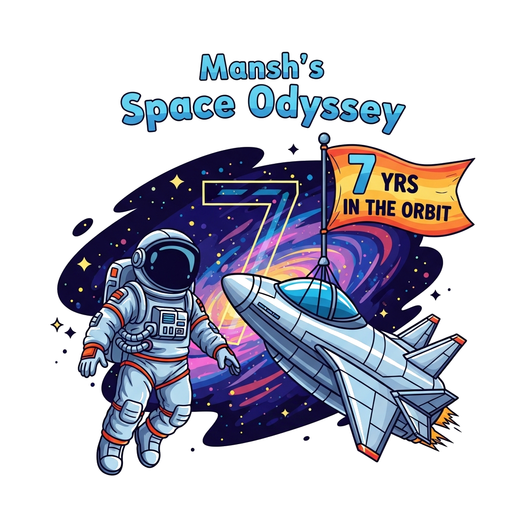 Custom design: A vibrant, adventurous illustration featuring a brave young astronaut in a detailed spacesuit, floating gracefully ne...