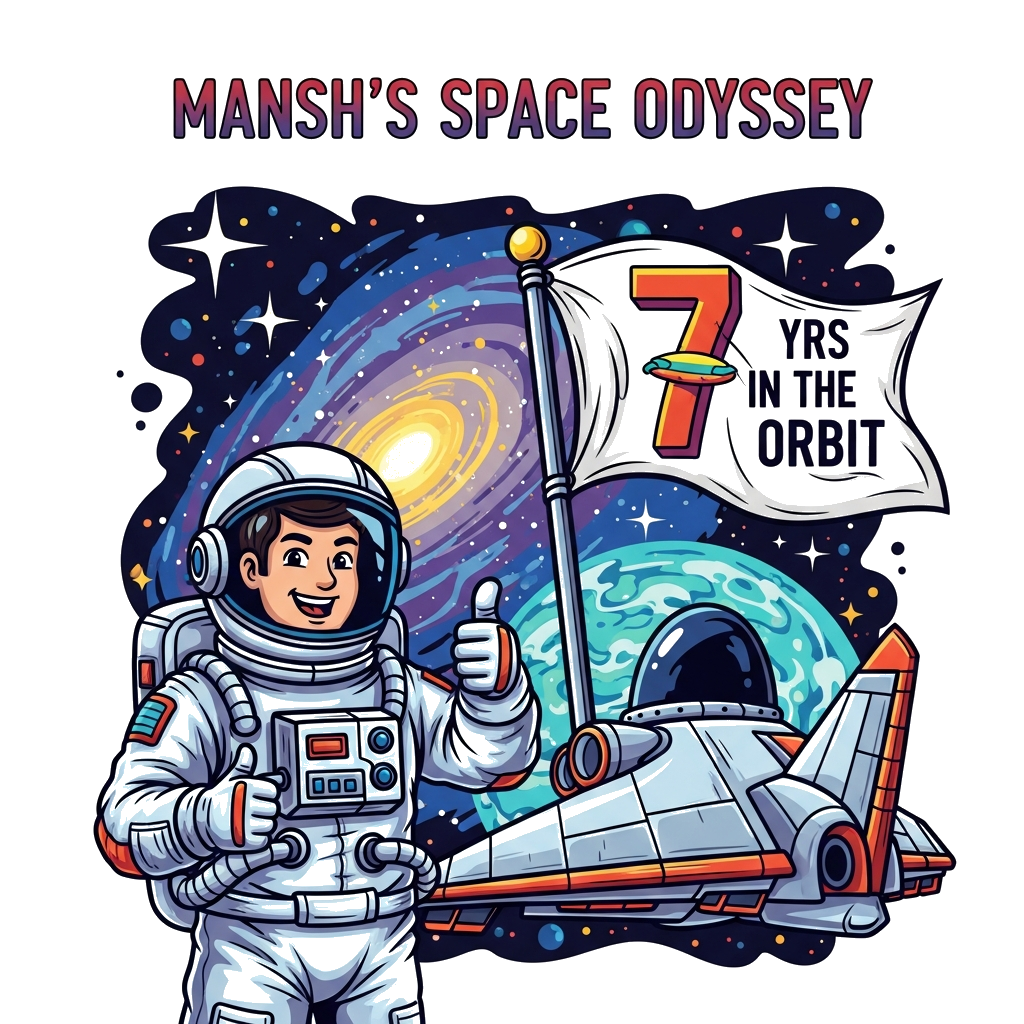 Custom design: A cheerful, detailed illustration of an astronaut in a cool spacesuit, giving a thumbs-up next to a grand spaceship t...