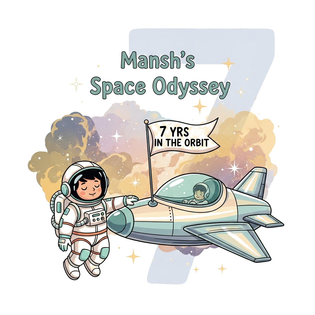 Custom design: An illustration of a young astronaut in a gentle cream and light teal spacesuit, floating peacefully beside a sleek, ...