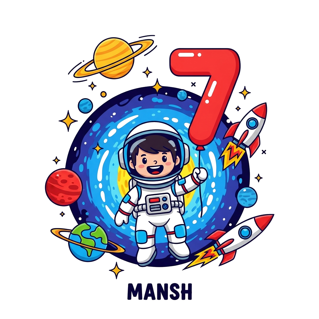 Custom design: A cheerful cartoon astronaut boy, Mansh, floating in a vibrant galaxy with planets, stars, and rockets, holding a '7'...