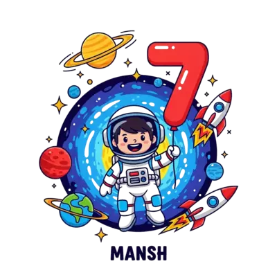 Design: A cheerful cartoon astronaut boy, Mansh, floating in a vibrant galaxy with pl...