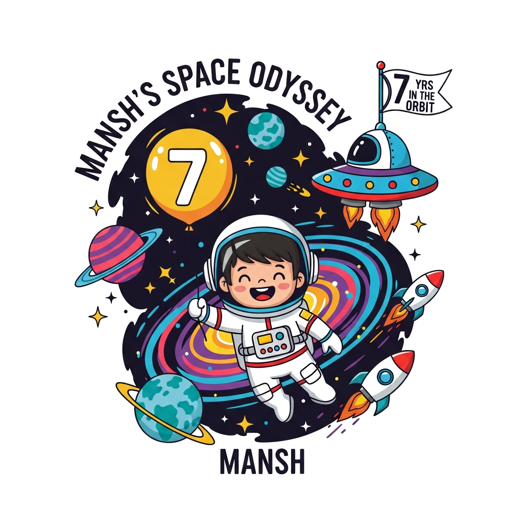 Custom design: A cheerful cartoon astronaut boy, Mansh, floating in a vibrant galaxy with colorful planets, twinkling stars, and zoo...