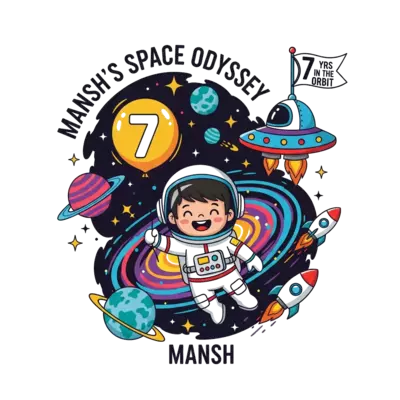Design: A cheerful cartoon astronaut boy, Mansh, floating in a vibrant galaxy with co...