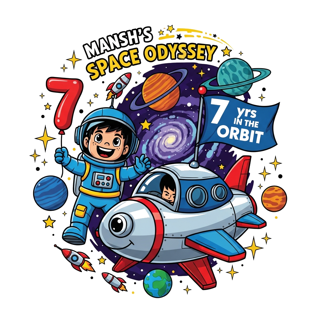 Custom design: A dynamic and colorful cartoon illustration featuring a cheerful astronaut boy, Mansh, playfully interacting with a f...