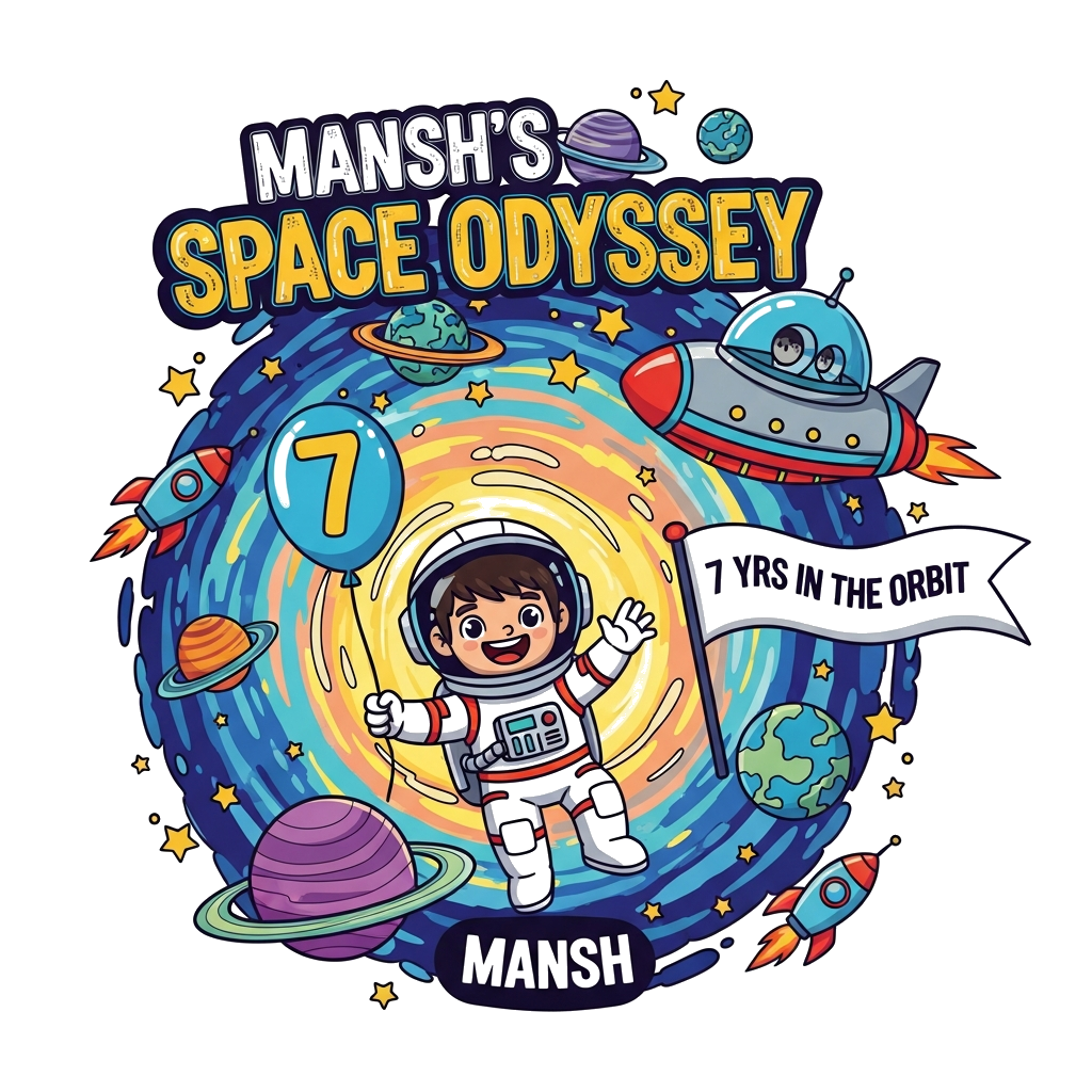 Custom design: A vibrant and playful cartoon graphic featuring a cheerful astronaut boy, Mansh, at the center of a swirling, colorfu...