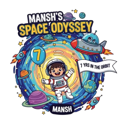 Design: A vibrant and playful cartoon graphic featuring a cheerful astronaut boy, Man...
