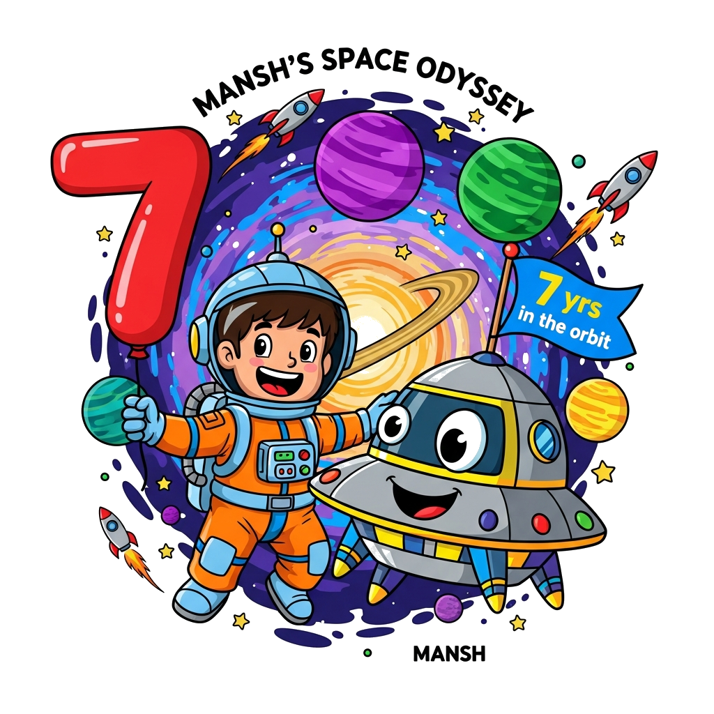 Custom design: A dynamic and colorful cartoon illustration featuring a cheerful astronaut boy, Mansh, playfully interacting with a f...