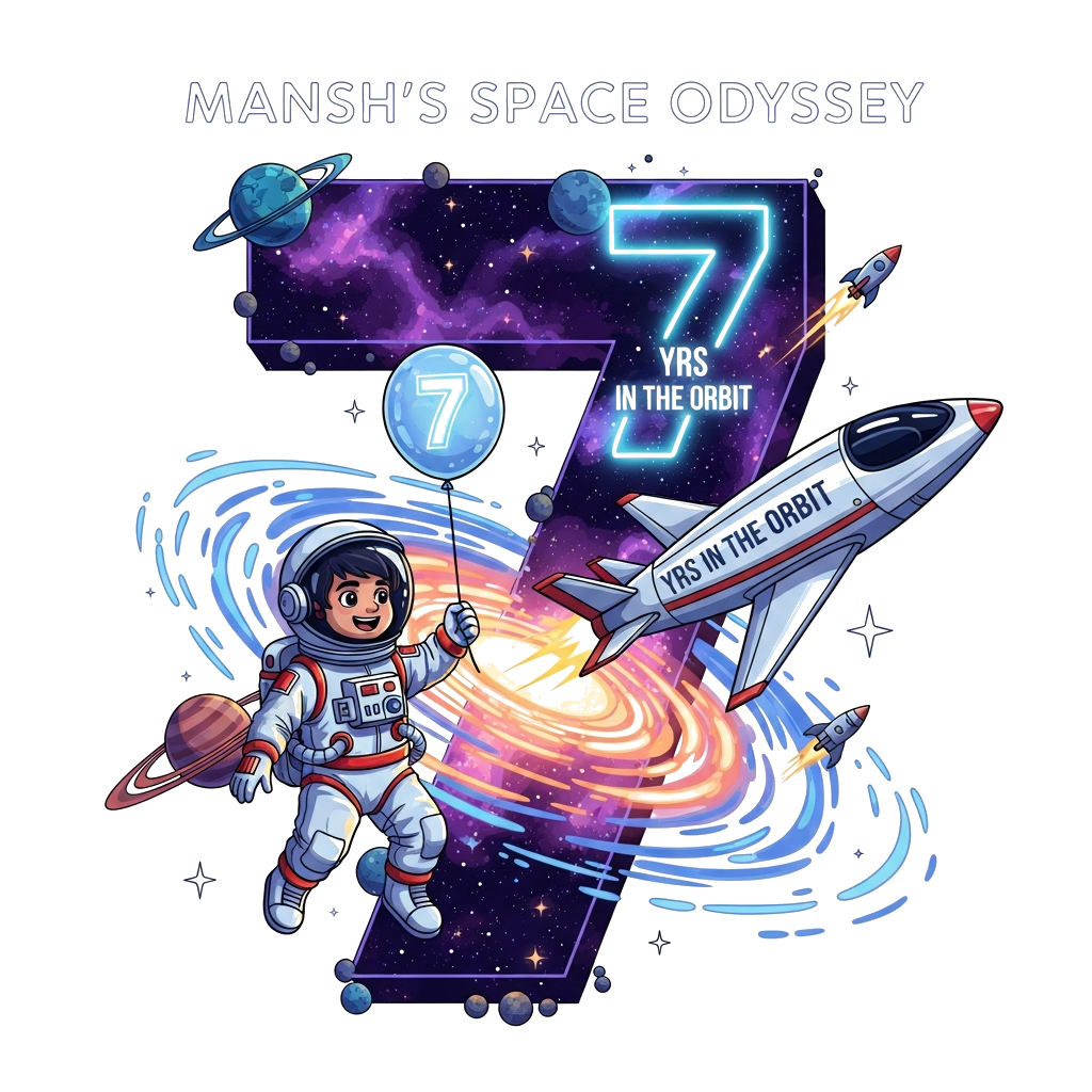 Custom design: A vibrant, bold, and semi-realistic illustration of a cheerful astronaut boy, Mansh, in a detailed spacesuit, playful...