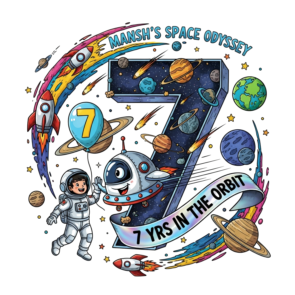 Custom design: A dynamic, bold, and slightly realistic illustration showcasing a joyful astronaut boy, Mansh, high-fiving a friendly...