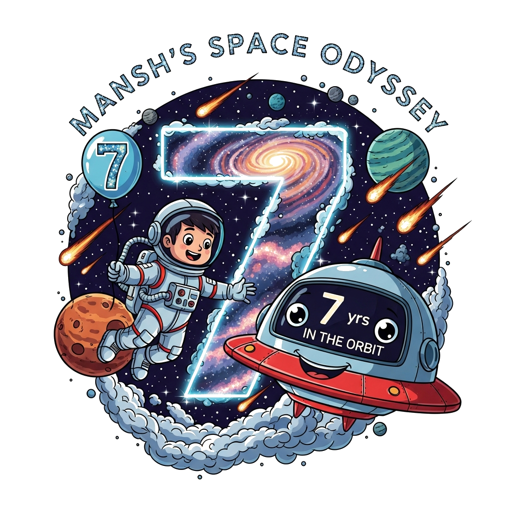 Custom design: A vivid, bold, and semi-realistic illustration of a cheerful astronaut boy, Mansh, floating weightlessly, reaching ou...