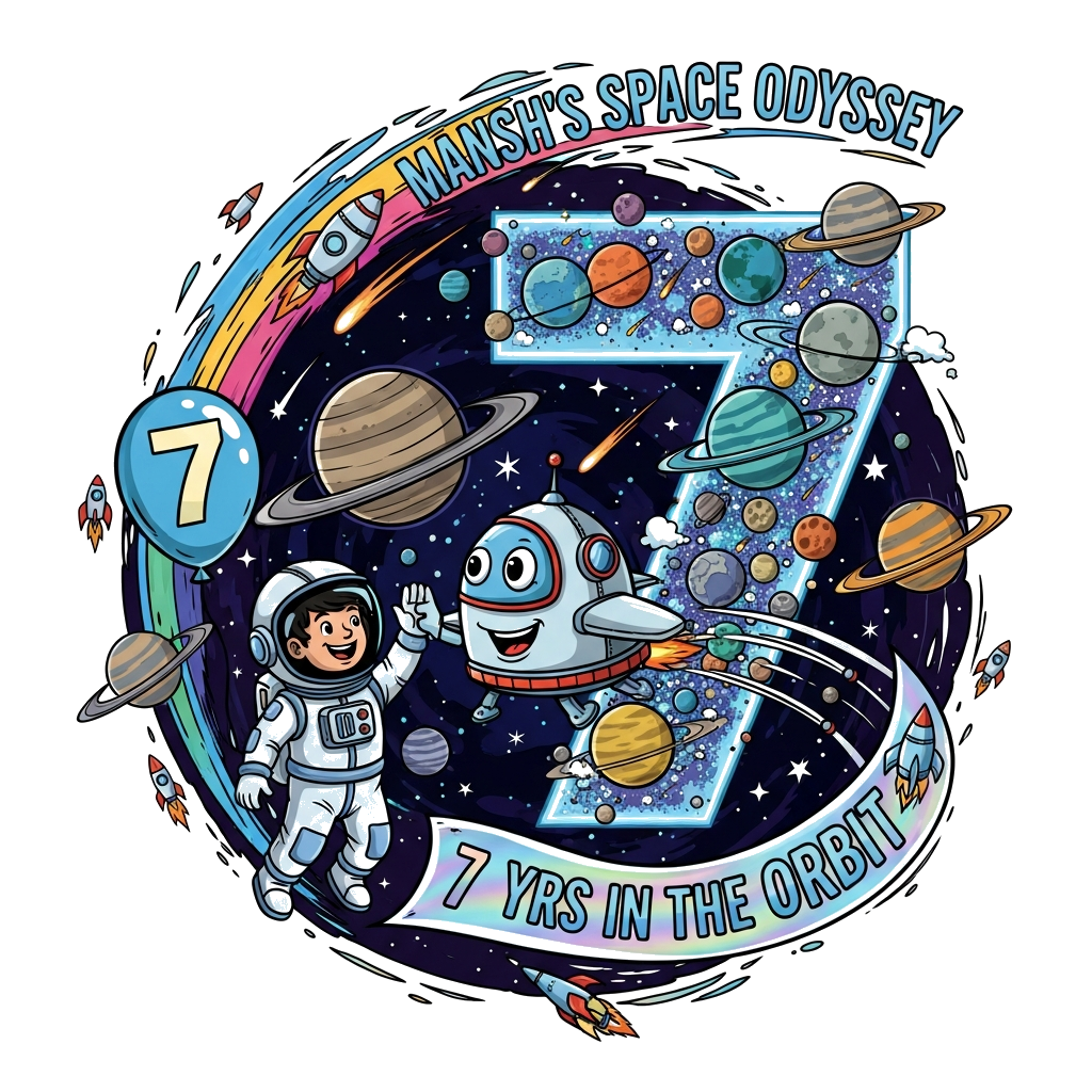 Custom design: A dynamic, bold, and slightly realistic illustration showcasing a joyful astronaut boy, Mansh, high-fiving a friendly...