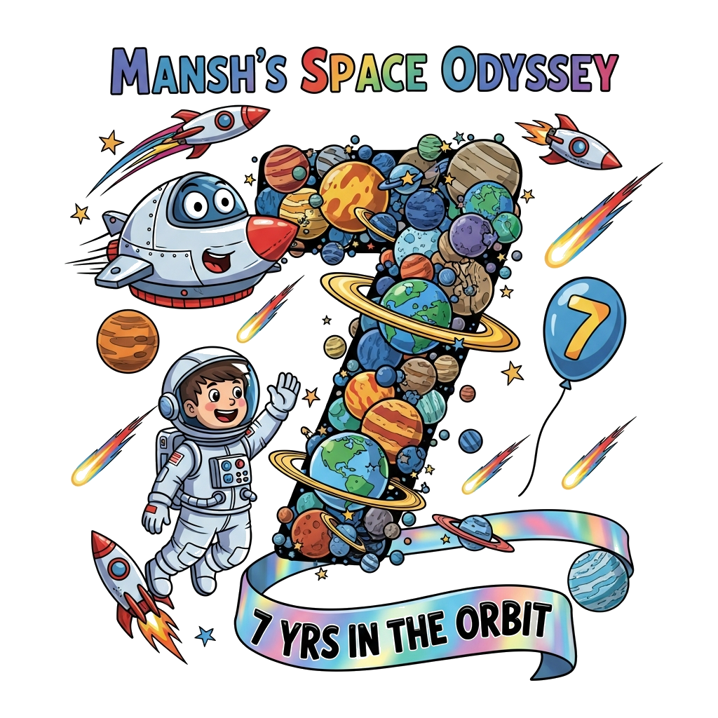 Custom design: A hyper-realistic and exceptionally bold illustration of a joyful astronaut boy, Mansh, in a detailed spacesuit, high...