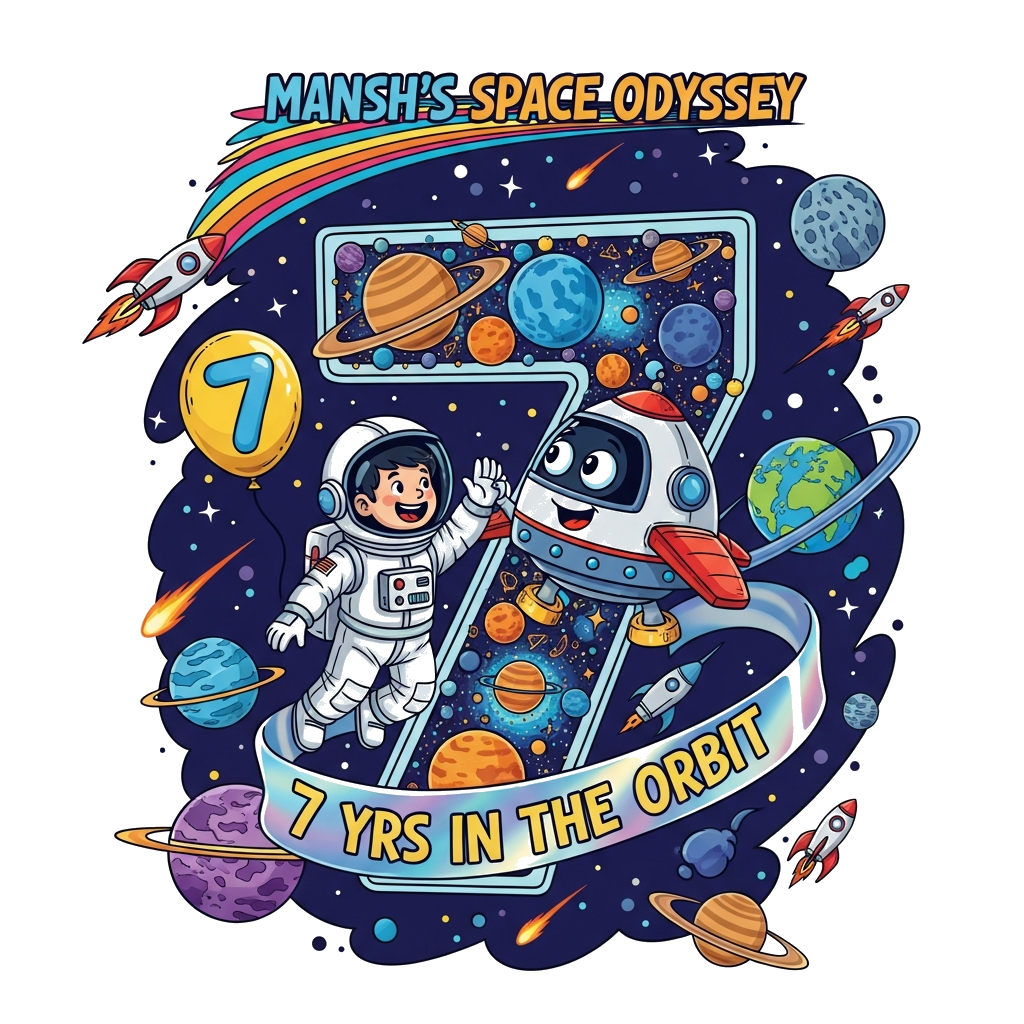 Custom design: A vividly bright and playfully energetic illustration, rendered with enhanced realism, featuring a joyful astronaut b...
