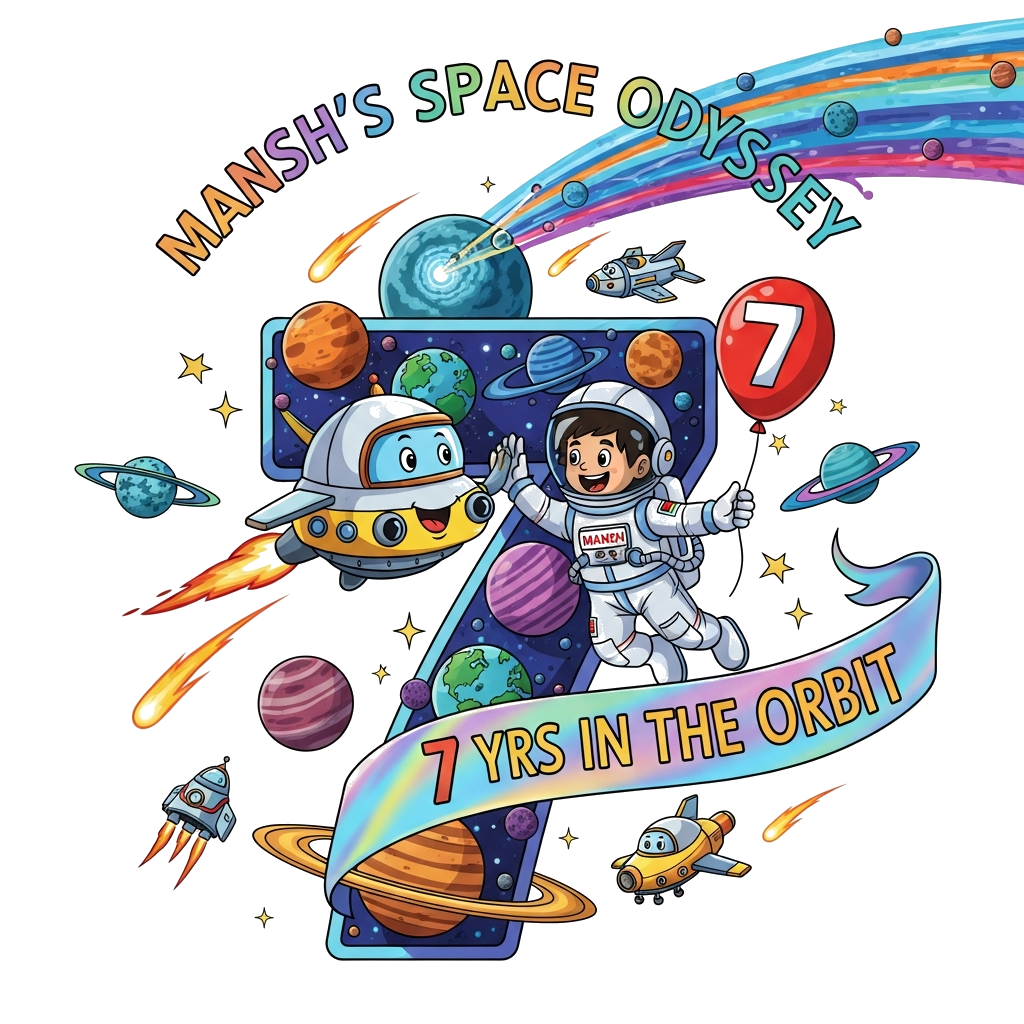 Custom design: A breathtakingly realistic and extremely bold illustration capturing a dynamic moment: a joyful astronaut boy, Mansh,...