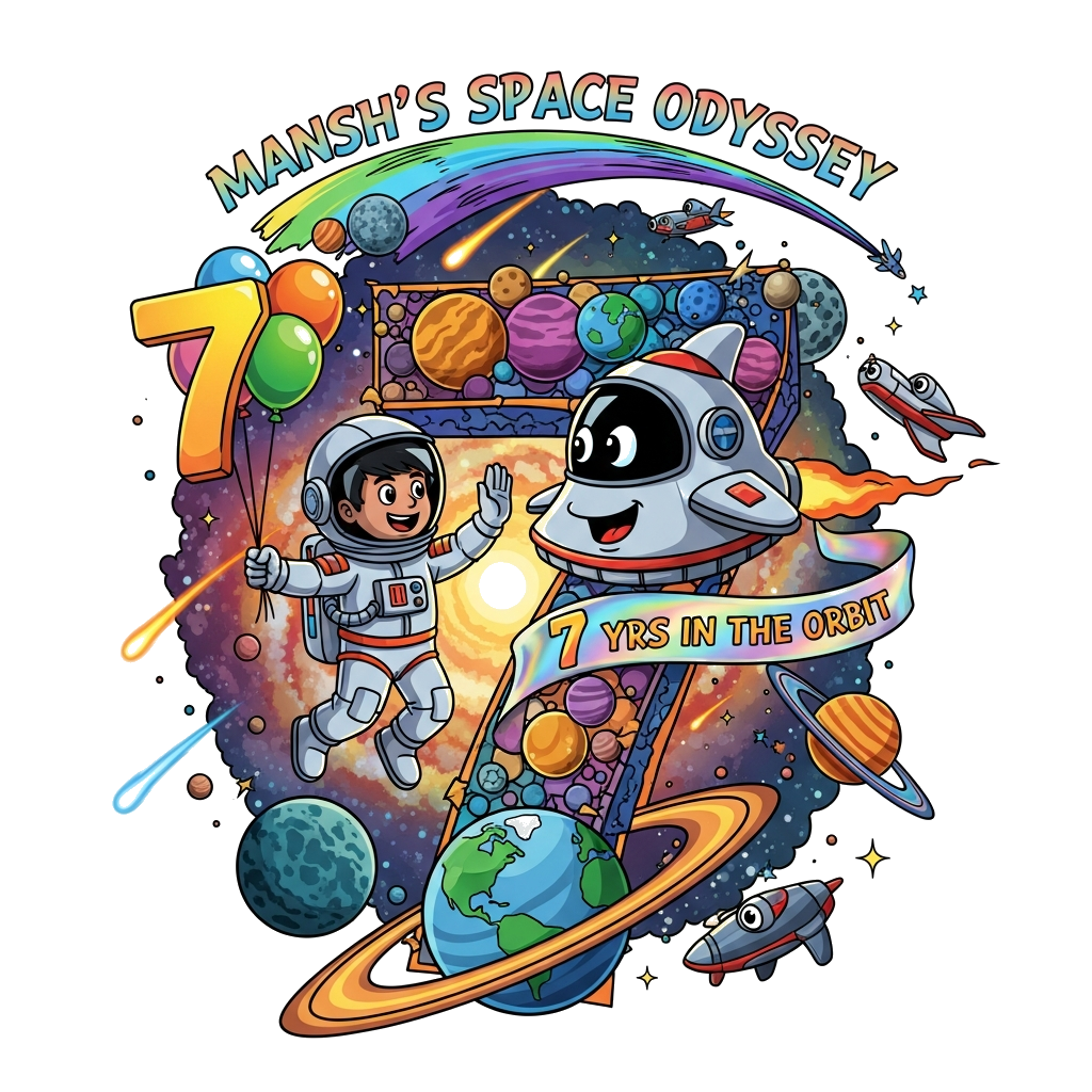 Custom design: A hyper-realistic illustration of a joyful Indian astronaut boy, Mansh, mid-high-five with a friendly, anthropomorphi...