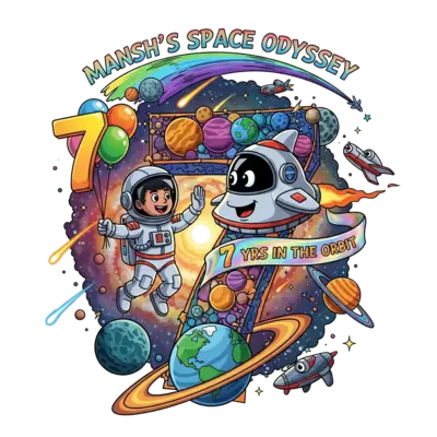 Design: A hyper-realistic illustration of a joyful Indian astronaut boy, Mansh, mid-h...