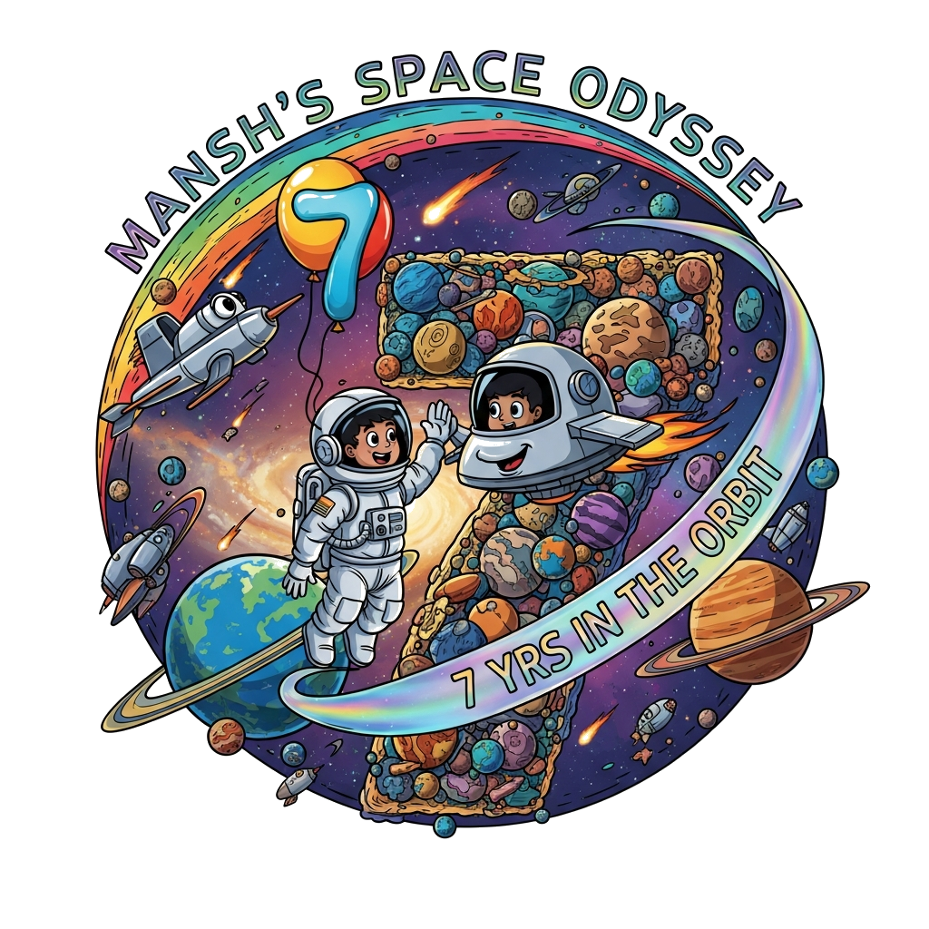 Custom design: A vibrant, playful illustration of an Indian astronaut boy, Mansh, high-fiving a friendly, anthropomorphic spaceship,...