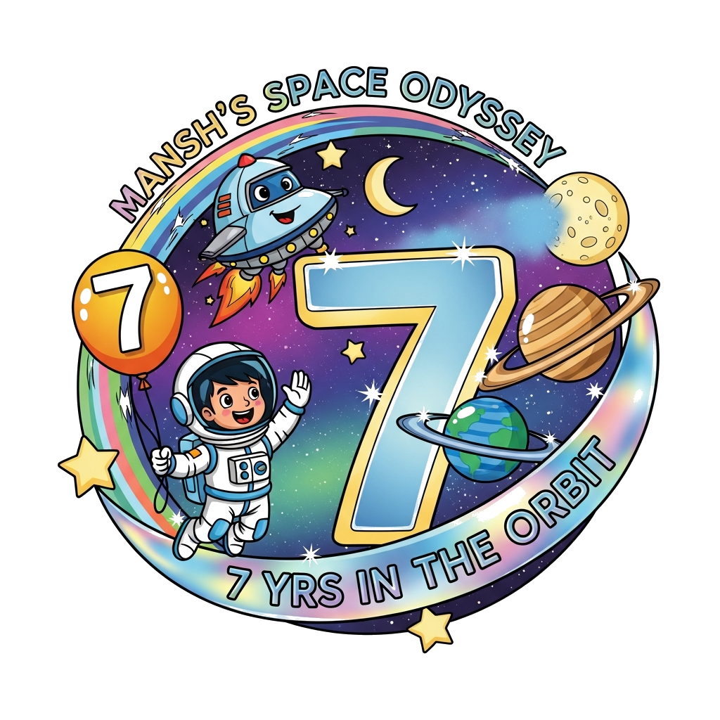Custom design: A vibrant, clear illustration in a dynamic circular composition. A cheerful Indian astronaut boy, Mansh, high-fives a...