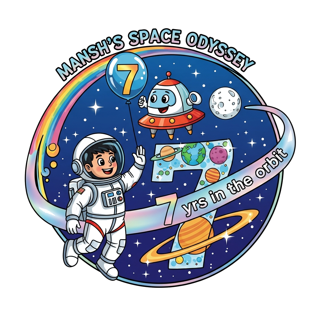 Custom design: A playful, energetic illustration set within a clear circular frame. A smiling Indian astronaut boy, Mansh, gives a h...