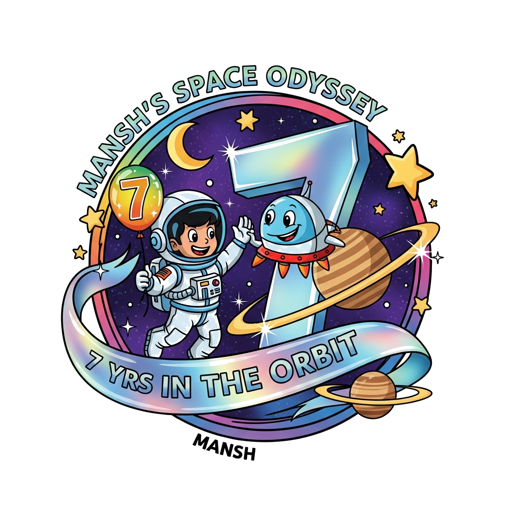 Custom design: A vibrant, clear illustration in a dynamic circular composition. A cheerful Indian astronaut boy, Mansh, high-fives a...
